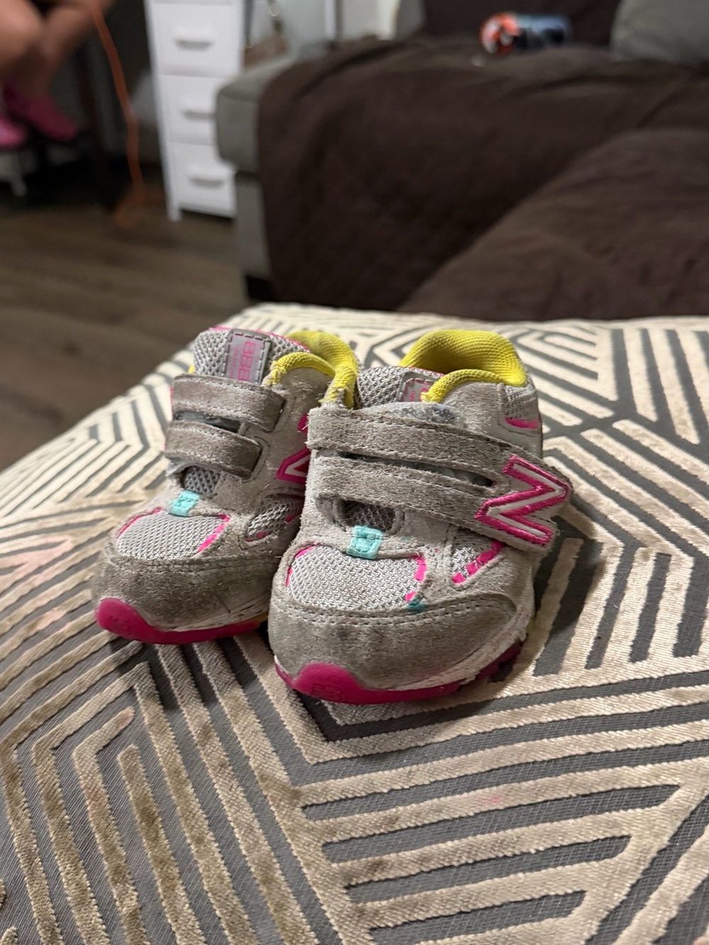 New Balance Kids Gray Sneakers with Pink & Yellow Accents